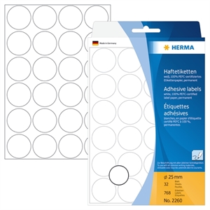 HERMA étiquettes manuelles ø25 mm blanc, 768 pièces.