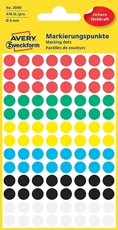 Avery étiquettes adhésives rondes ø8 mm, assortiment de couleurs, 416 pièces.