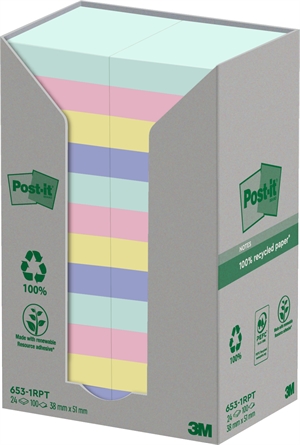 3M Post-it Recycled mix colors 38 x 51 mm, 100 sheets - 24 pack3M Post-it Couleurs mixtes recyclées 38 x 51 mm, 100 feuilles - 24 paquets
