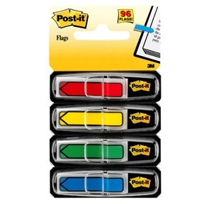 3M Post-it Indexfaner 11,9 x 43,1 mm, "pil" ass. farver - 4 pack3M Indexfanes Post-it de 11,9 x 43,1 mm, couleurs assorties avec motif de flèche - lot de 4.