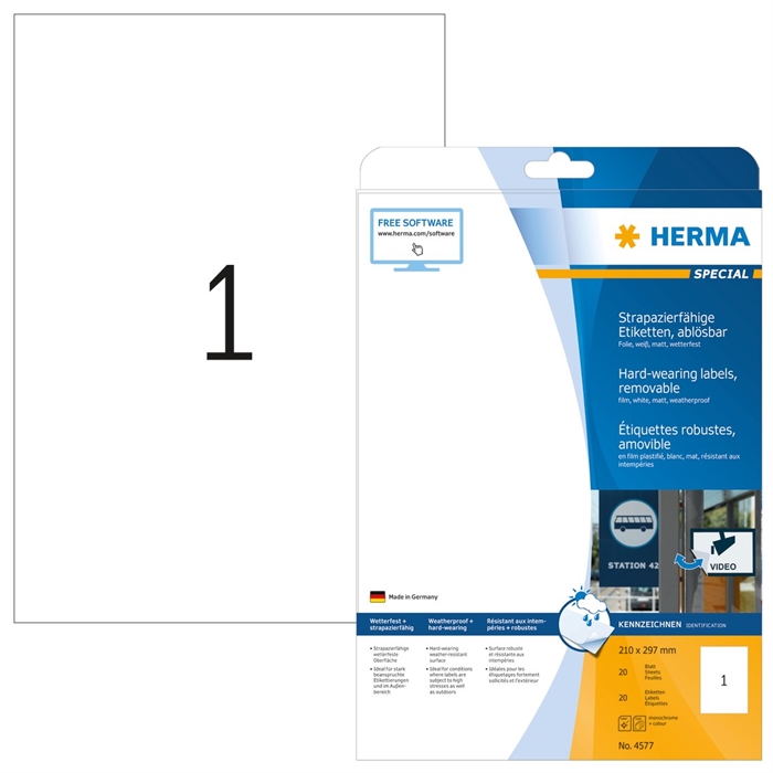 HERMA étiquettes détachables hydrofuges 210 x 297 mm, 20 unités.