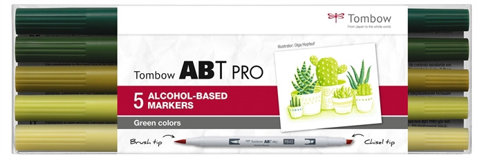 Marqueur Tombow ABT PRO Dual Brush à l\'alcool 5P-5 couleurs vertes (5)