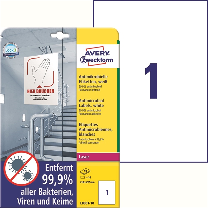 Avery Étiquettes antimicrobiennes 210 x 297 mm blanches, paquet de 10.