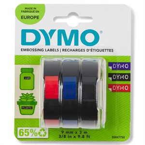 Tape Embosser 9mm x 3m (rouge/bleu/noir), pack de 3