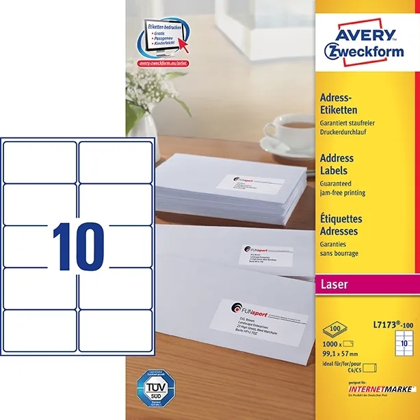 Avery L7173-100 Étiquettes d\'adresse de 99,1 x 57 mm QP+UG mm, 1000 pièces.