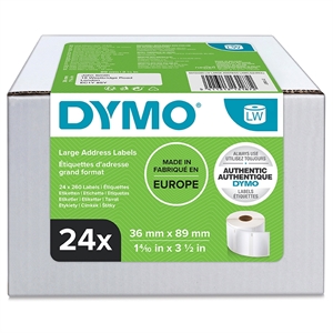 Dymo Étiquette d'adresse 36 x 89 mm blanc permanent, 24 rouleaux de 260 étiquettes/unité.