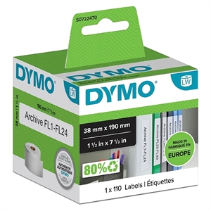 Étiquettes Dymo pour classeurs, format 38 x 190 mm, blanc, 110 pièces.